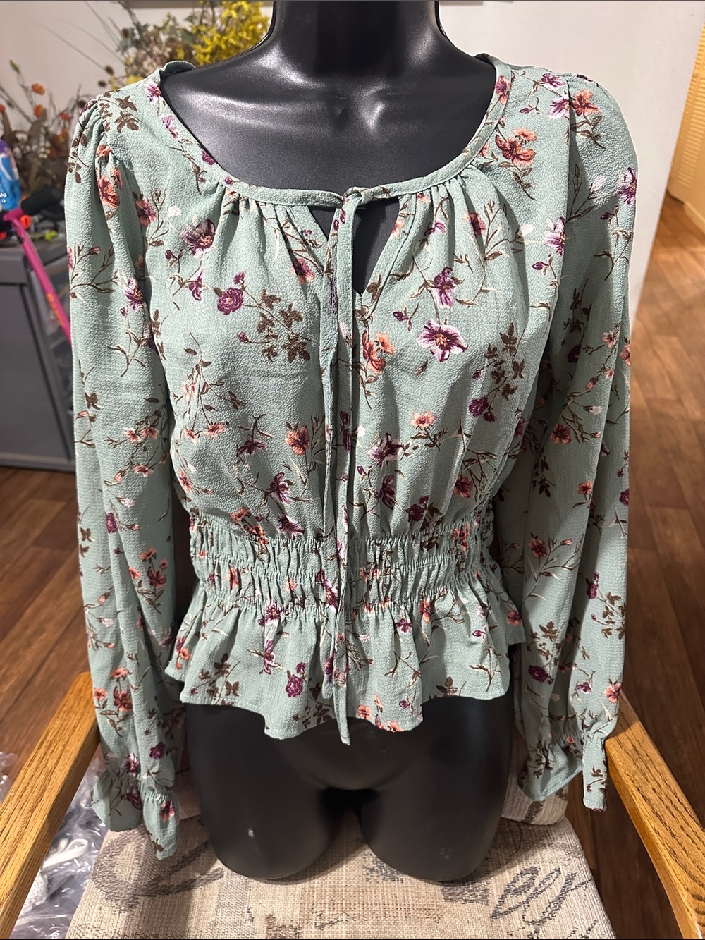 iris Sage Floral Tie-Front Peplum Blouse
